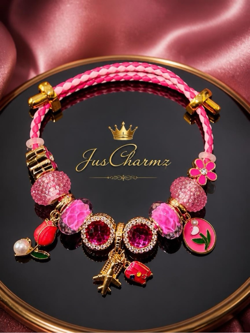 Pink Beaded Charm Bracelet - Floral & Travel Charms